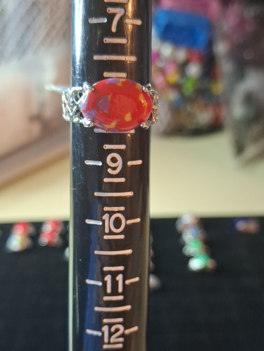 Red Opal-Style Oval Stainless Steel Ring Sz 8